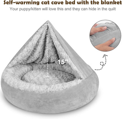 Small Dog Bed Cat Bed with Hooded Blanket, Cozy Cuddler Luxury Puppy Pet Bed, Donut round Calming Anti-Anxiety Dog Burrow Cave Bed - Anti-Slip Bottom and Machine Washable 23 Inch