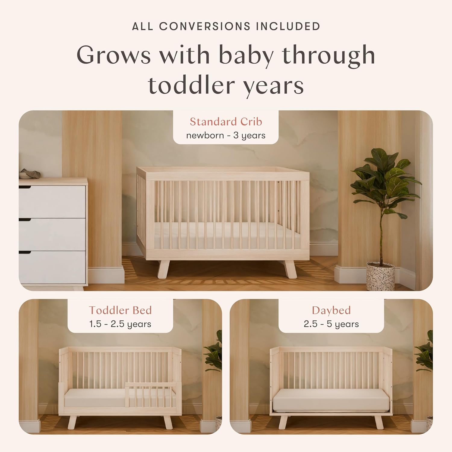 Hudson 3-In-1 Convertible Baby Crib - GREENGUARD Gold Certified - Convertible Crib to Toddler Bed and Daybed - Baby Bed with 4 Adjustable Heights - Wooden Crib - Washed Natural