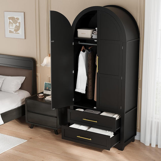 Wardrobe Closet, Modern Armoire Wardrobe Closet with Drawers and 2 Arched Fluted Doors, 70" Tall Wooden Bedroom Armoires with Shelves and Hanging Rod, Black