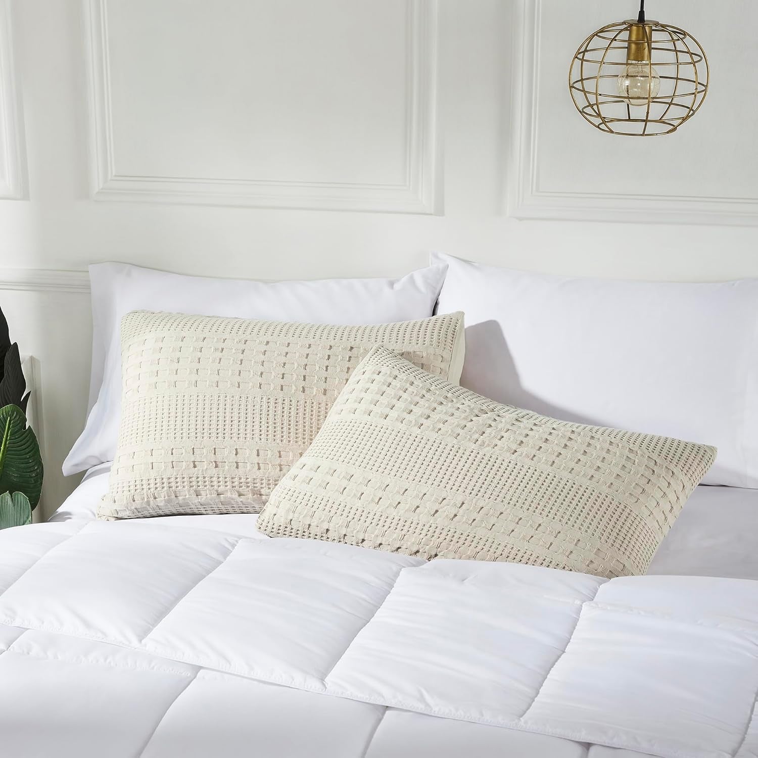 100% Cotton Waffle Weave Natural King Size Sham Set of 2 20X36, Decorative Throw Pillow Covers/Shams, Boho Farmhouse Bedroom Decor