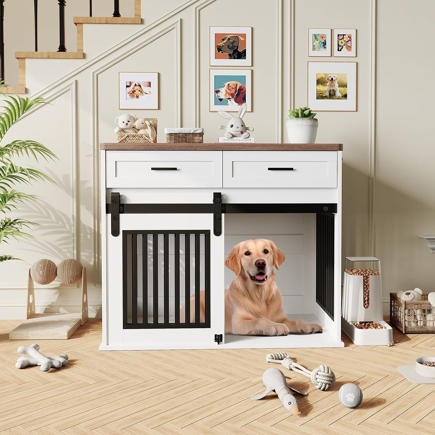 44.5'' Dog Crate Furniture with Hook and Storage Drawer, Wooden Dog Kennel with Sliding Barn Door Indoor Furniture Style Dog Crates End Table for Medium/Small Dogs