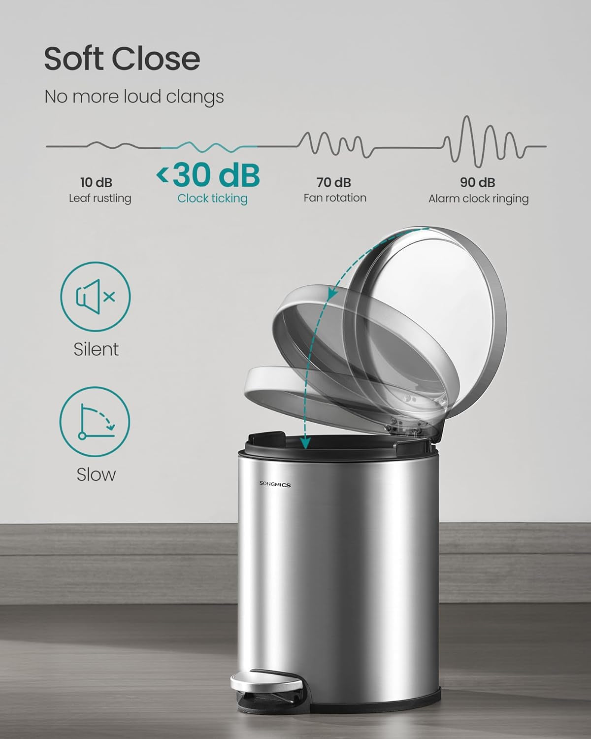 Bathroom Trash Can, 1.6 Gallon (6 L) Small Toilet Garbage Bin with Lid, Soft-Close, Stainless Steel, Pedal, Inner Bucket, Bedroom, Metallic Silver ULTB016EZ01