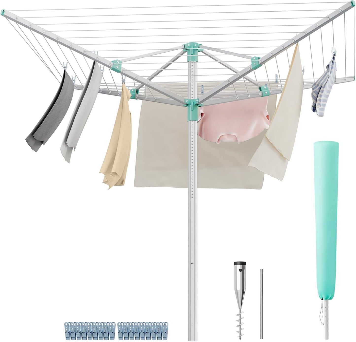 Umbrella Drying Rack, Retractable Outdoor Drying Rack, Height Adjustable, 164 Ft Long Clothesline, Holds 5 Laundry Loads, for Garden, with Ground Spike, Cover, Silver and Green ULLR301E01