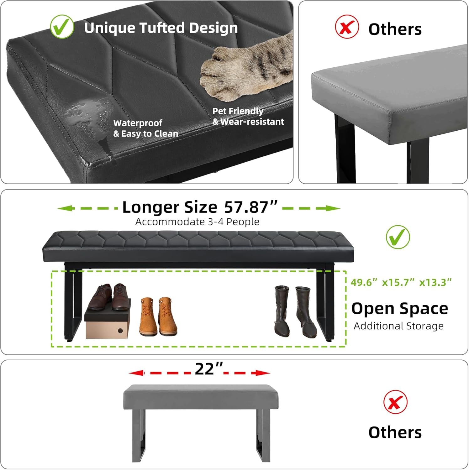 58” Padded Dining Table Bench Pair of 2 for 6-8 Person, Faux Leather Indoor Cushioned Extra Long Bench for Dining Room Table, Bedside Shoe Entryway Benches (Black, 58")