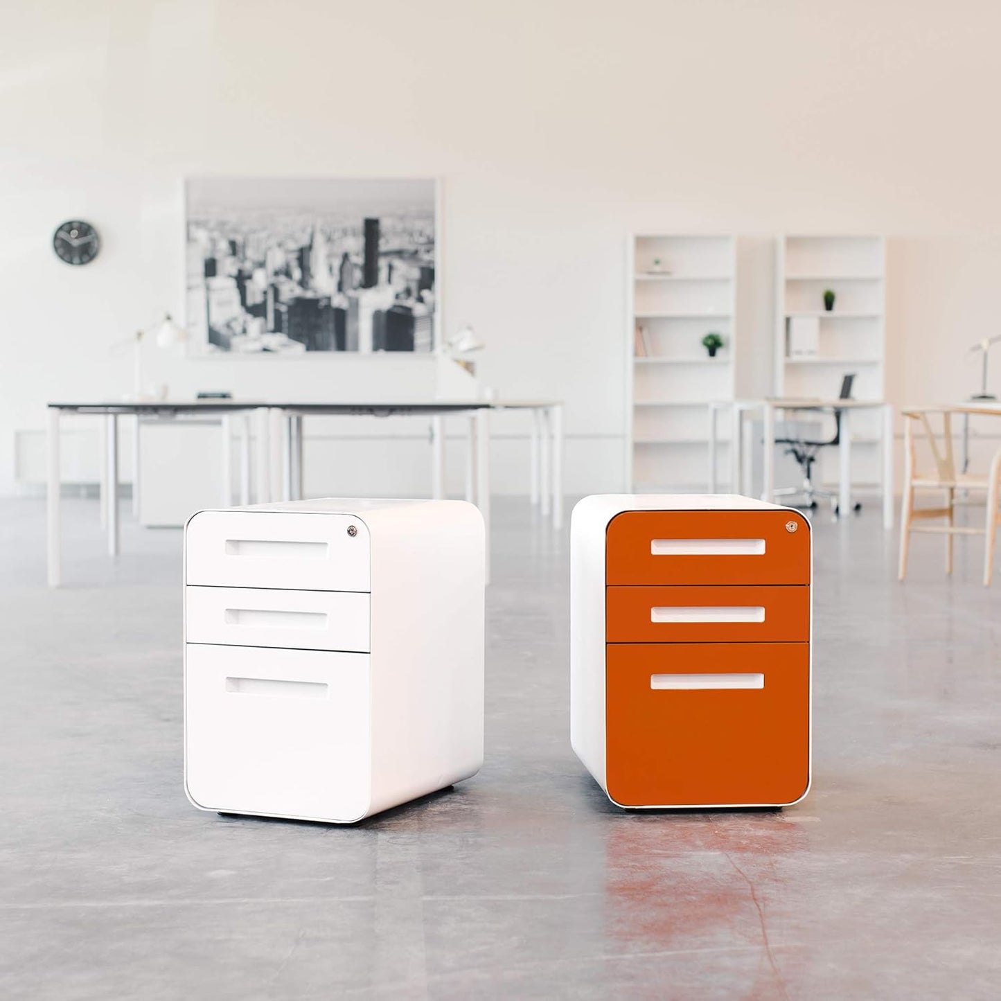 Stockpile 3 Drawer File Cabinet with Lock - under Office Desk Metal Filing Cabinet, Legal/Letter File Folders, Wheels and Stationary Feet, Pre-Assembled, Orange Faceplate