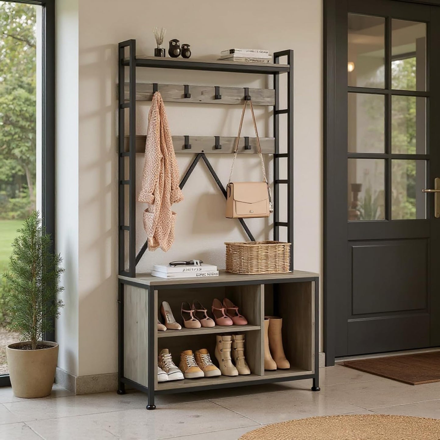 Hall Tree with Bench and Shoe Storage and Coat Rack, Industrial Entryway Bench with Storage Cubbies, Entryway Coat Rack for Hallway, Corner Places, Bedroom