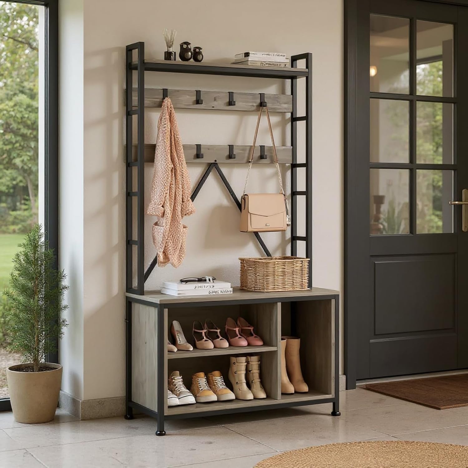 Hall Tree with Bench and Shoe Storage and Coat Rack, Industrial Entryway Bench with Storage Cubbies, Entryway Coat Rack for Hallway, Corner Places, Bedroom
