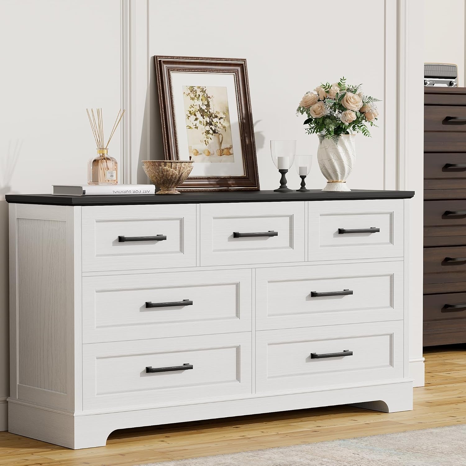 Farmhouse Dresser for Bedroom, 7 Drawers Dresser, Wood Chest of Drawers, 52" Wide Storage Dressers Organizer for Bedroom, Living Room, White and Black