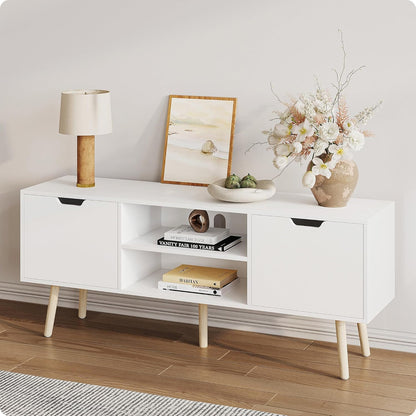 White TV Stand for 50 55 60 Inch Tvs - Media Console with 2 Cabinets & Open Shelves, Solid Wood Legs - TV Consoles for Living Room - 22" H Entertainment Center for Bedroom