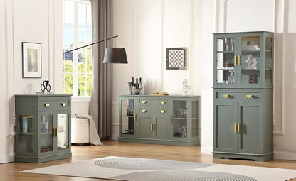 58.27'' Buffet Cabinet with 2 Drawers and Adjustable Shelves,Large Glass Door Coffee Bar Cabinet,Modern Farmhouse Sideboard Credenza for Kitchen,Green