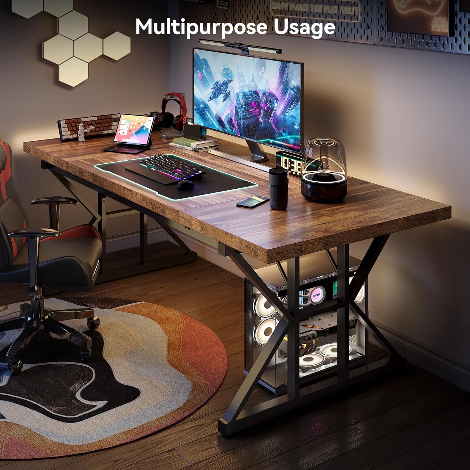 70.8-Inch Office Desk, Wooden Executive Office Desk, Modern Work Desk, Large Farmhouse Writing Table Computer Desk for Home, Brown-Black