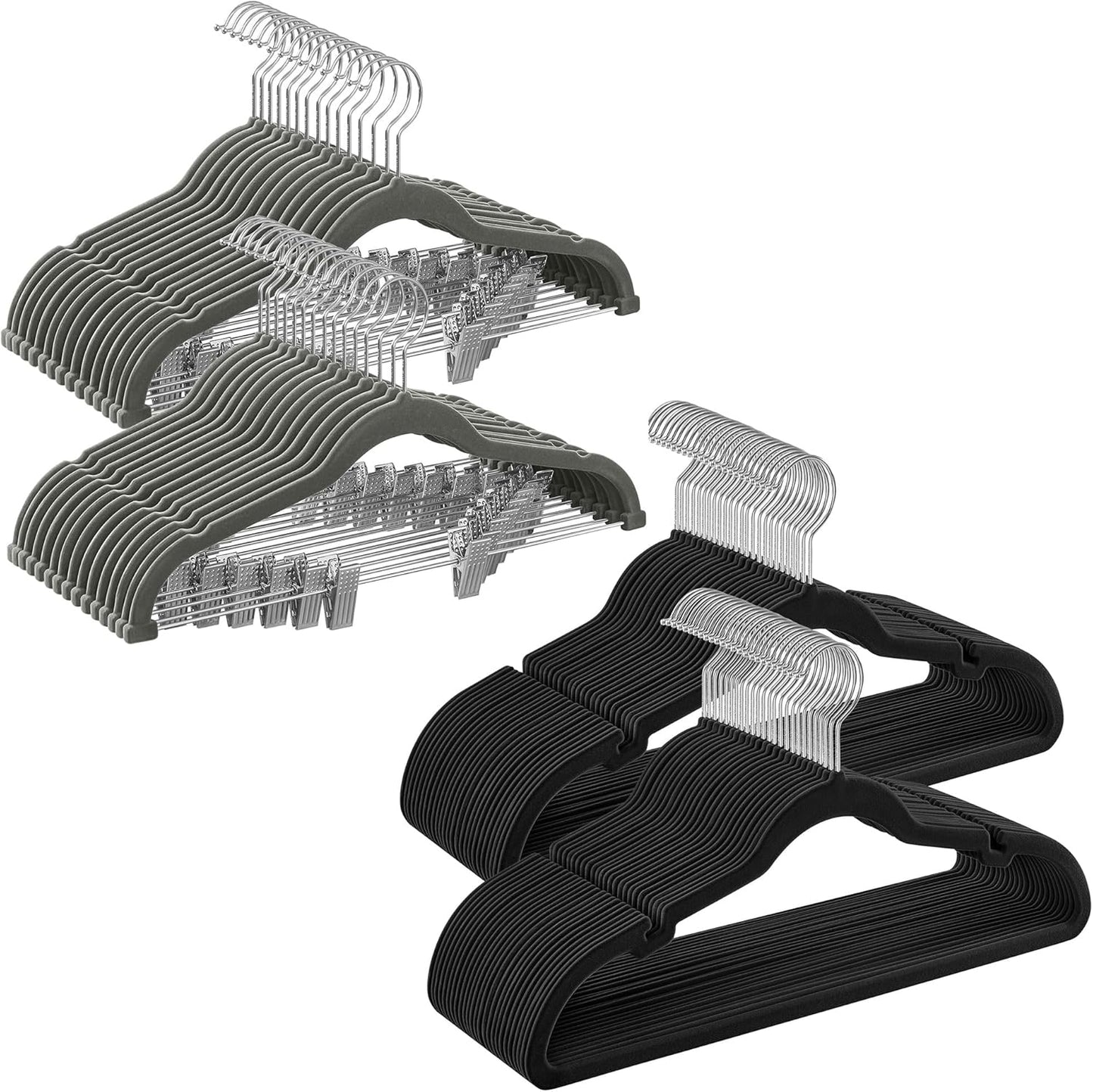 Coat Hangers and Pants Hangers Bundle, Set of 50 Velvet Hangers, Set of 30 Velvet Hangers with Adjustable Clips, Black and Gary UCRF029B05 and UCRF12V30
