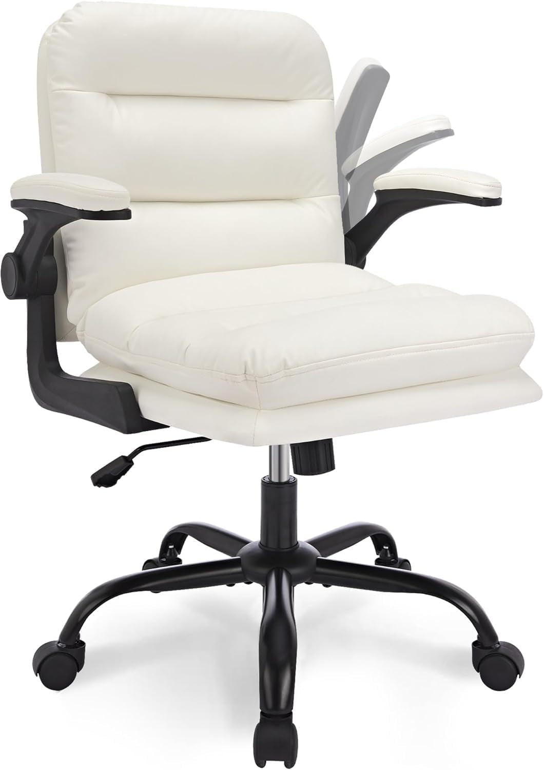 Ergonomic Swivel Office Desk Chair with Flip-Up Armrest and Adjustable Height, Lumbar Support & PU Leather Thickened Cushion, for Computer Task Work, White