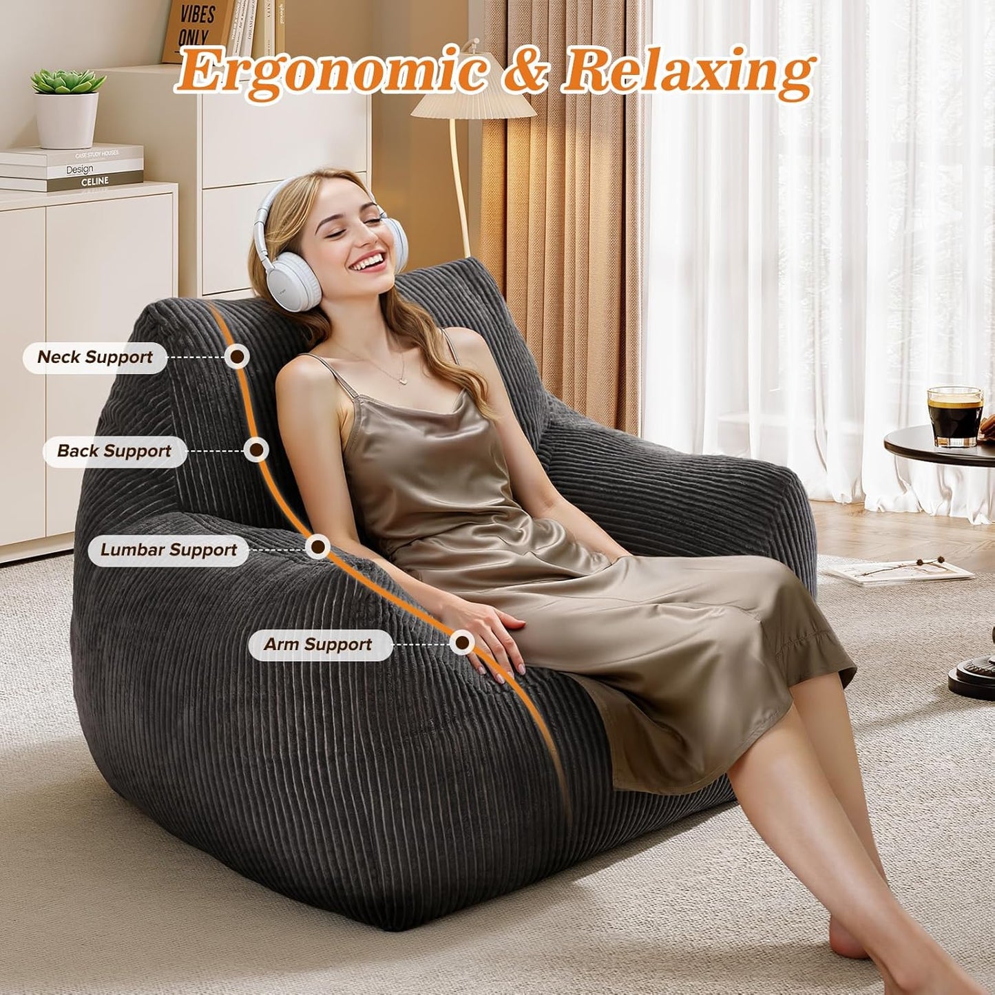 Big Bean Bag Chair for Adults & Kids, Ultra Soft Living Room Bean Bag with Armrests, Stuffed Beanbag Floor Sofa for Napping, Gaming, Lounging, Dark Gray