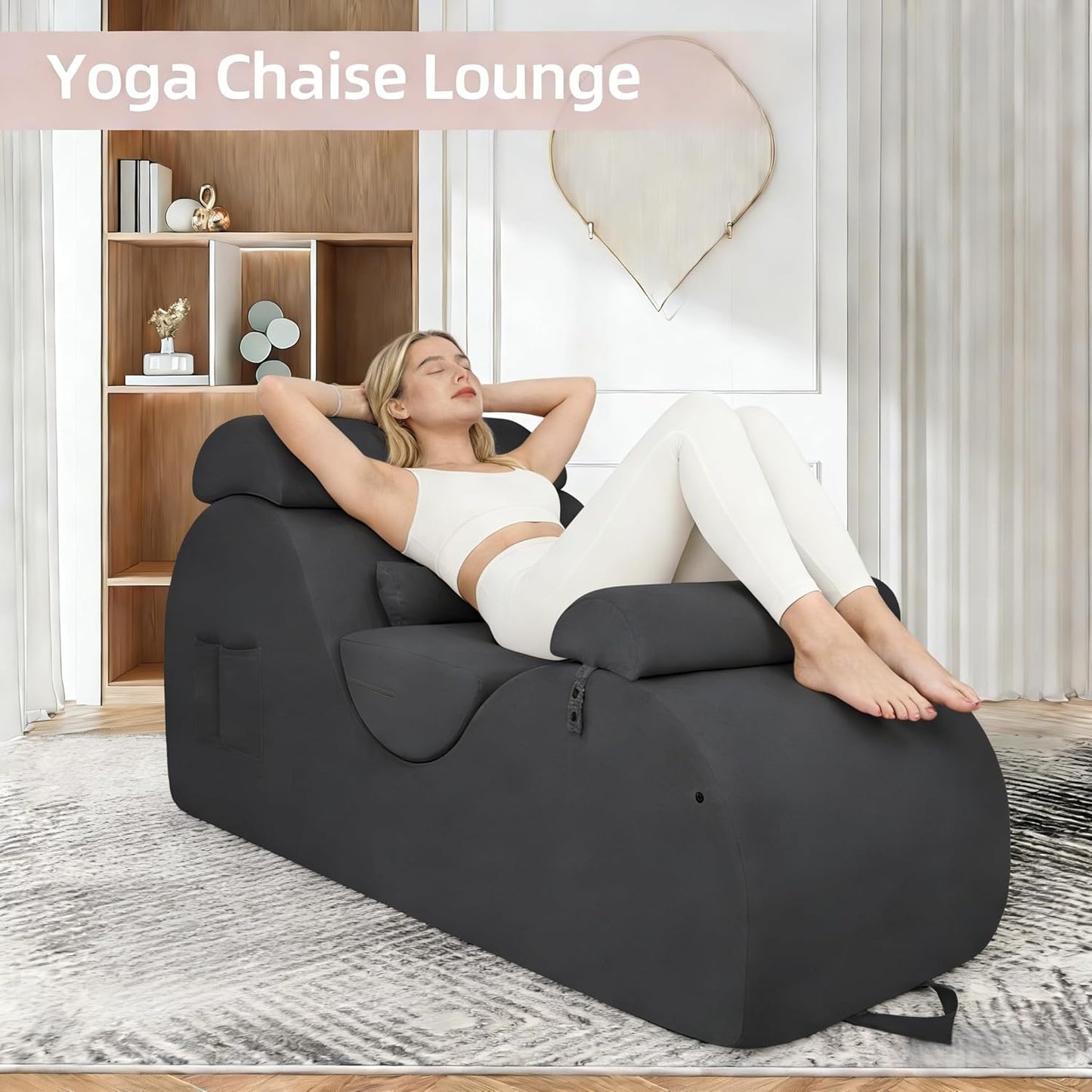 Chaise Lounge Chair for Yoga, Chaise Lounge with Headrest, Waist Pad, Foot Pad, Washable Cover Side Pockets Non-Slip Bottom, Yoga Chair for Relaxation Stretching (Black, Large)