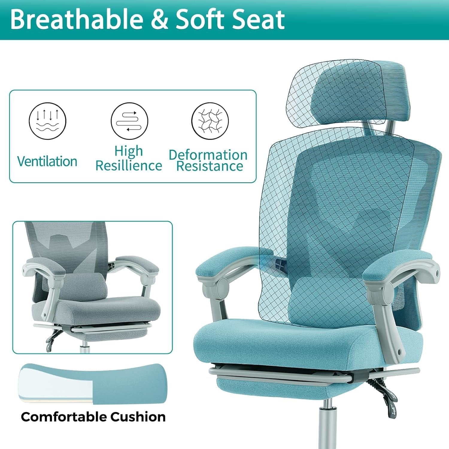 Home Office Desk Chair with Footrest, High-Back Mesh Rolling Swivel Reclining Chairs with Wheels, Comfortable Headrest, Lumbar Support, Comfy Arms