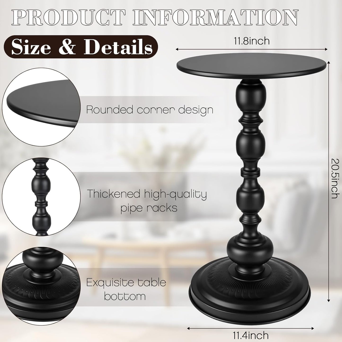 2 Set Pedestal Metal round Side Table Small Black End Table Vintage Sofa Coffee Drink Tables for Small Space Matte Modern Drink Tables for Sofa, Living Room, Bedroom, Bed, 11.8"W X 20.47"H