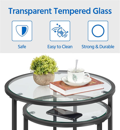 round Nesting End Table Set of 2,Stacking Side Tables,Coffee Tables Set W/Metal Frame & Glass Top & Protective Foot Pads for Small Space, Living Room, Office- Black