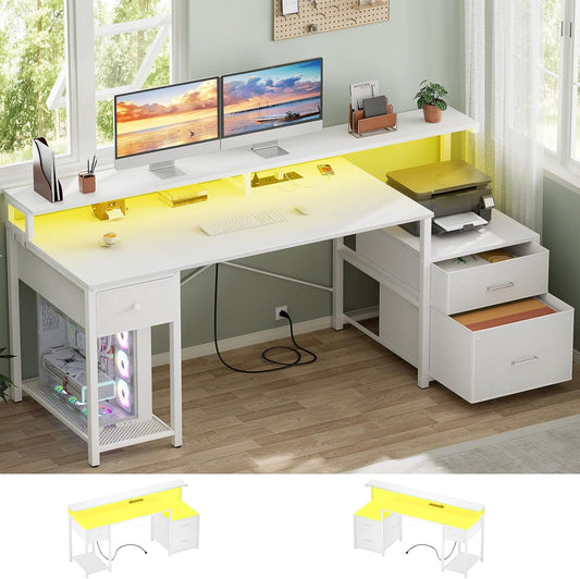 Computer Desk with 3 Drawers, Home Office Desk with File Drawer & Power Outlet, 59'' Gaming Desk with Led Lights, Long Work Desk with Storage Shelves, Printer Cabinet and Monitor Shelf, White