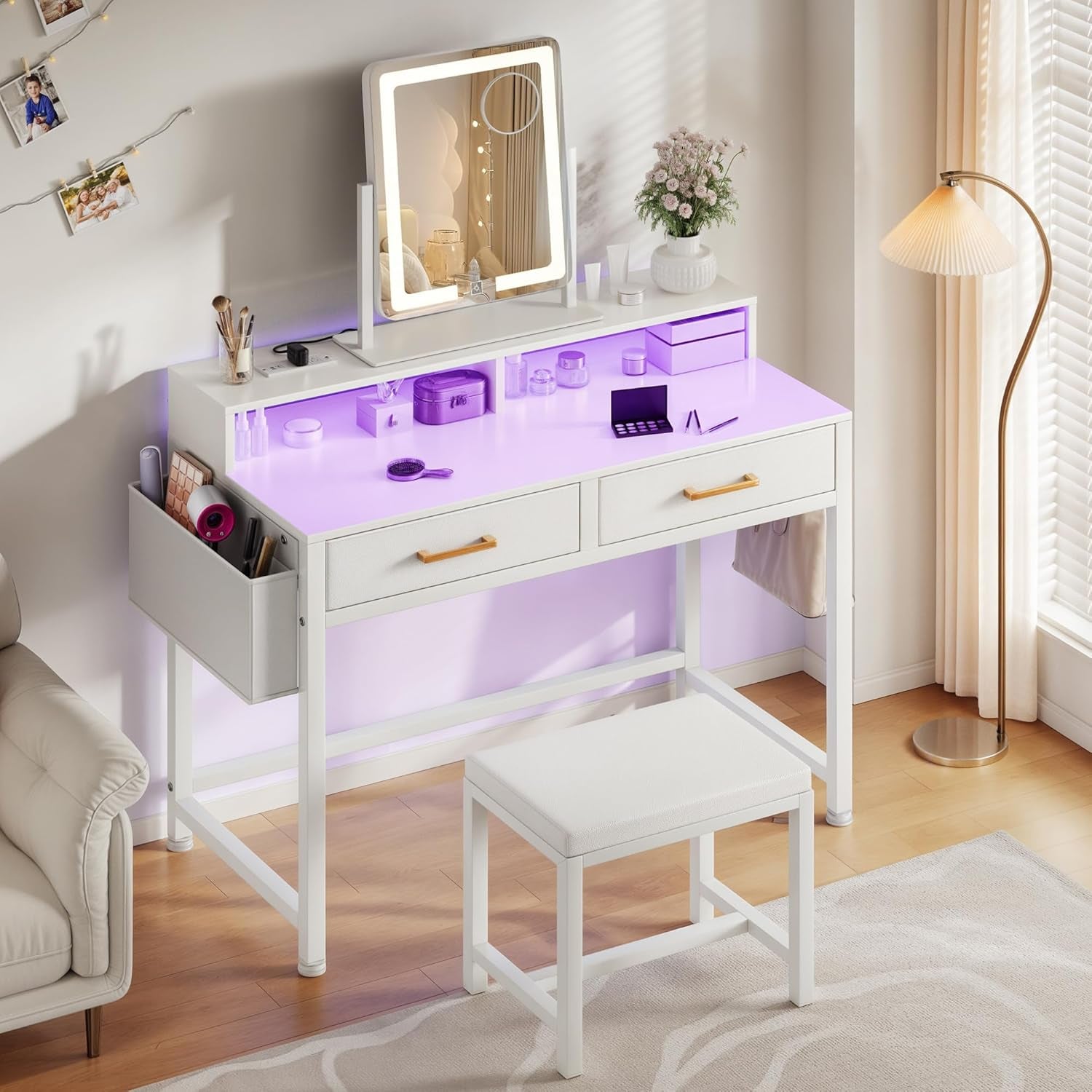 Makeup Vanity Desk with 3-Color Dimmable Lighting Mirror, Vanity Table with 2 Fabric Drawers, Stool, RGB Light Strip & Charging Station, Modern Makeup Desk Set for Home Office, Cream White
