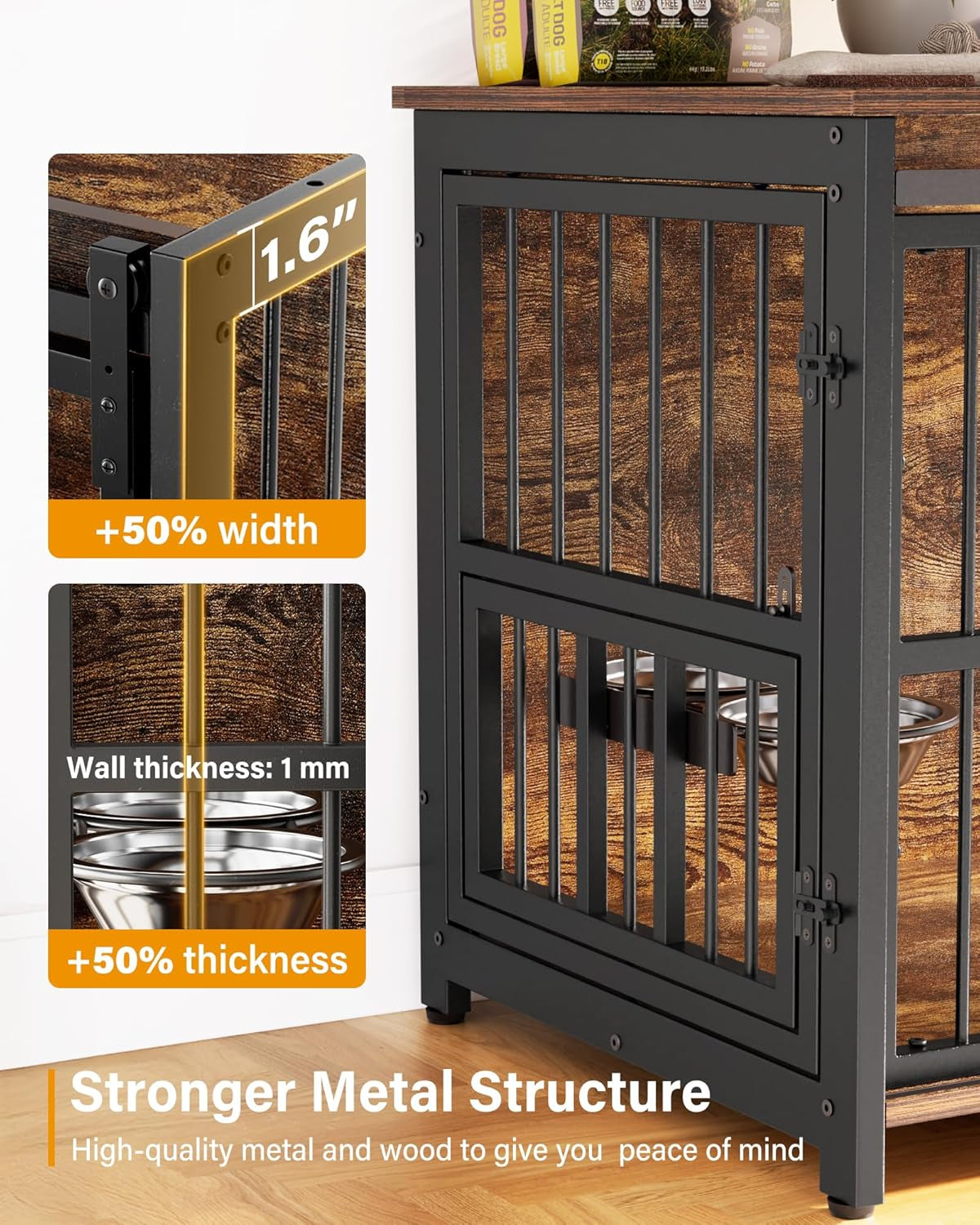 Dog Crate Furniture with Sliding Barn Door, 44"/39"/32" Decorative Dog Kennel Indoor with 2 Doors, Escape-Proof Multi-Lock Crates for Medium Dogs Indoor, Chewproof Wooden End Table, 360° Feed Rack