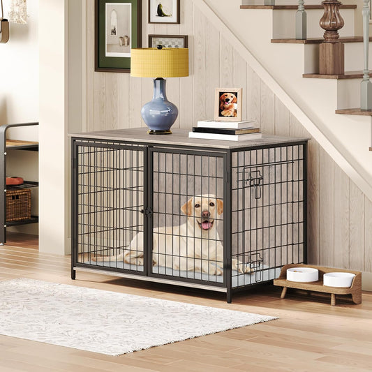 Dog Crate Furniture with Cushion, Wooden Dog Kennel with Double Doors, Heavy Duty Dog Cage for Small/Medium/Large Dogs, Indoor Dog House End Table, 39.4" L, Greige DCHG10701