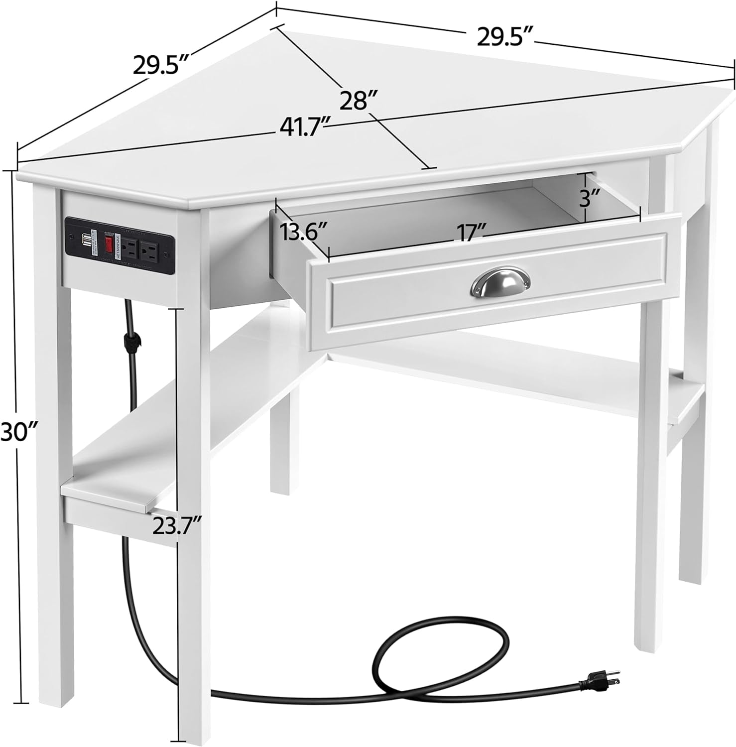 L Shaped Corner Computer Desk with Power Outlets, Reversible Triangle Workstation with USB Ports and Hook for Small Space, Modern Home Office Desk Gaming Table with Drawer & Shelf, White