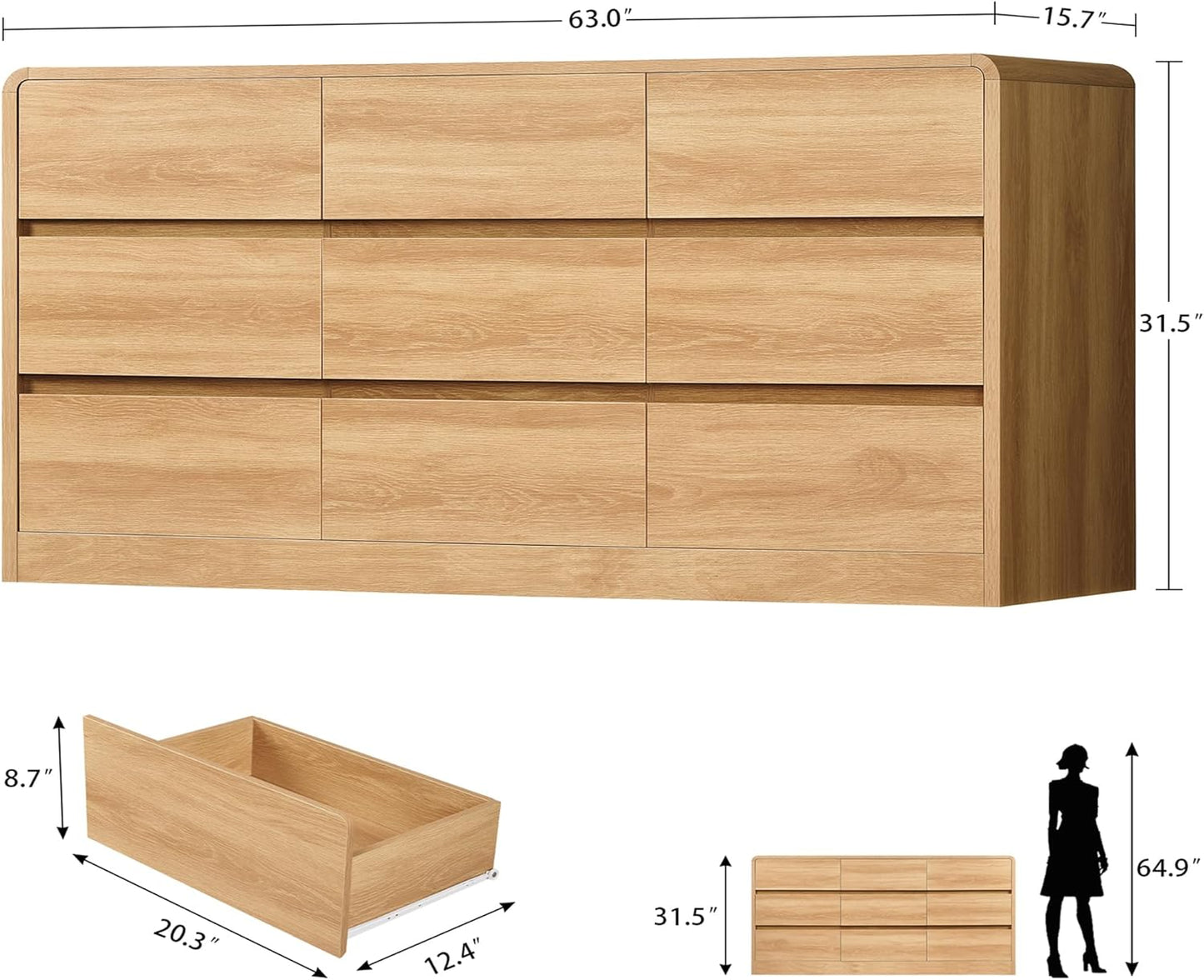9 Drawer Dresser for Bedroom, 63" Wide Dressers & Chest of Drawers with Curved Profile Design, Wood Closet Storage Dressers Organizer for Bedroom, Living Room, Natural