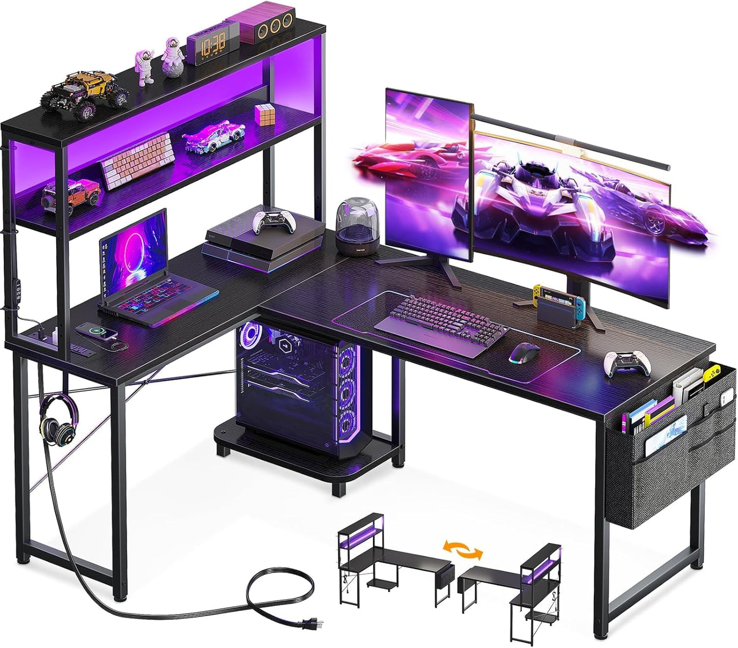 L Shaped Desk Gaming Desk with LED Light & Power Outlet, 53 Inch Reversible L Shaped Computer Table with Shelf & Storage Bag & Hook for Home Office, Black