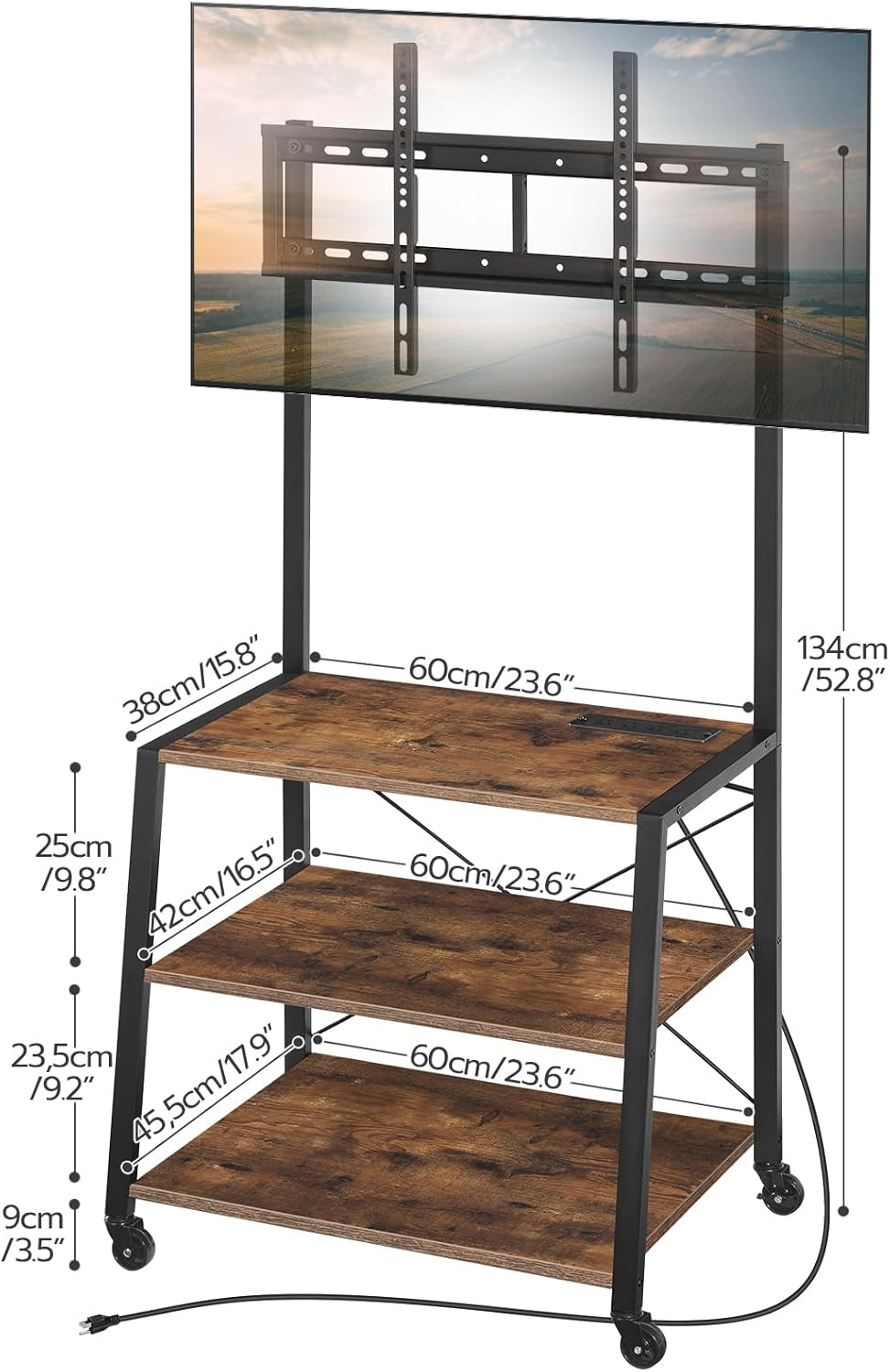 Rolling TV Stand with Mount and Power Outlet up to 55 Inch TV, Corner Entertainment Center, Small TV Stand with 3-Tier Storage Shelves for Living Room, Bedroom, Rustic Brown and Black BF66UDS01