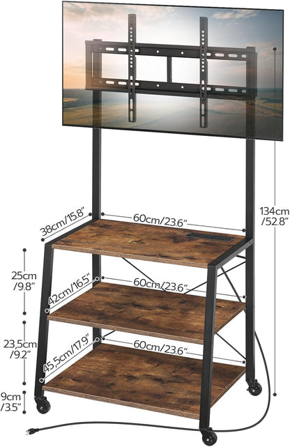 Rolling TV Stand with Mount and Power Outlet up to 55 Inch TV, Corner Entertainment Center, Small TV Stand with 3-Tier Storage Shelves for Living Room, Bedroom, Rustic Brown and Black BF66UDS01