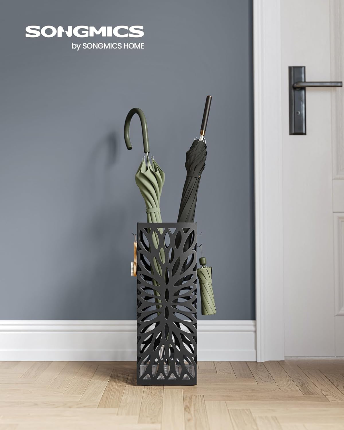 Umbrella Stand, Umbrella Holder for Entryway, Steel Square Umbrella Rack Organizer Freestanding, for Canes Walking Sticks, with a Detachable Drip Tray, 4 Hooks, Black ULUC026B33