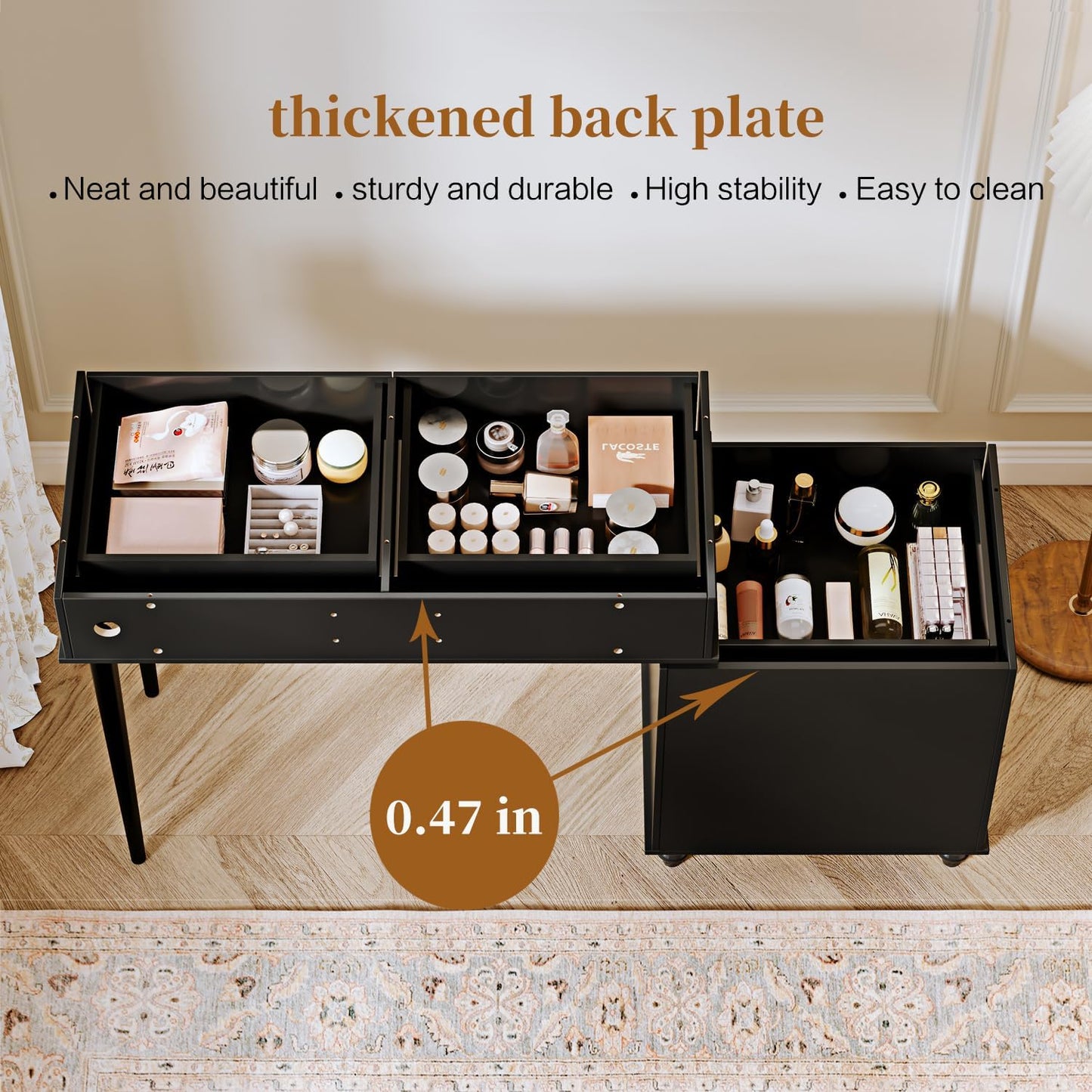 Black,Vanity Desk with Mirror and Lights,Makeup Vanity with Power Outlet and Adjustable Cabinet,Modern Makeup Table with 3 Drawers for Bedroom Makeup Room