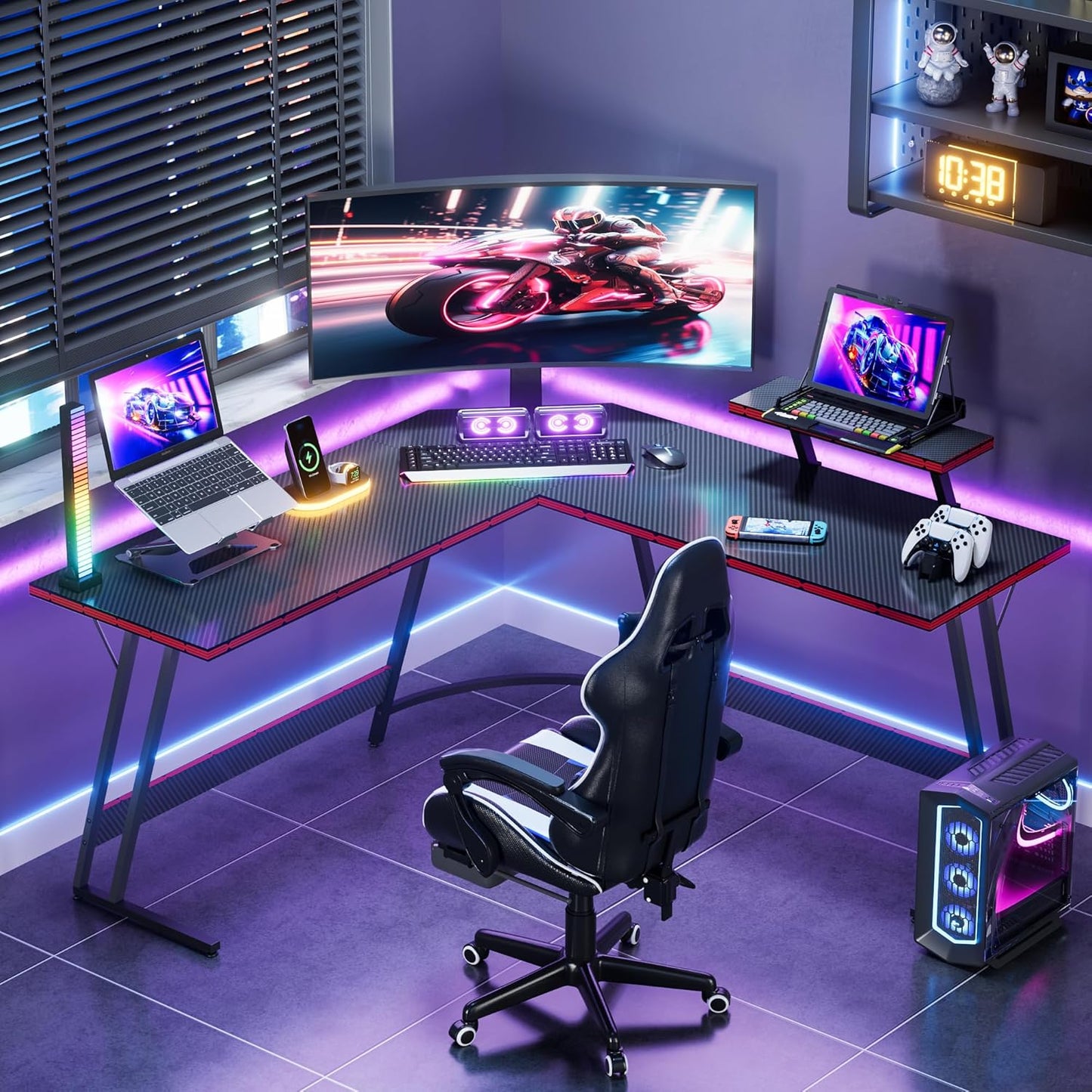 L Shaped Gaming Desk Computer Corner Desk PC Gaming Desk Table with Large Monitor Riser Stand for Home Office Sturdy Writing Workstation (Black, 51 Inch)