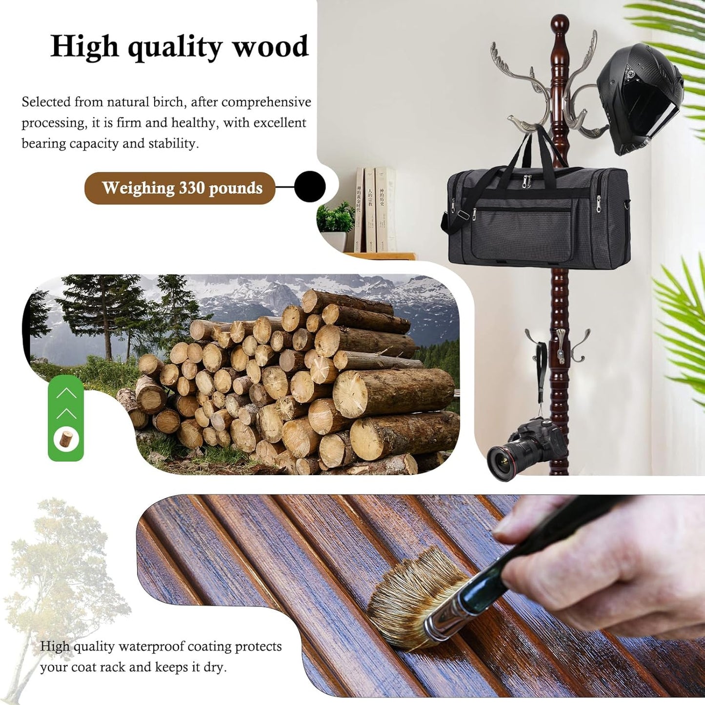 Coat Rack Stand, Solid Wooden Coat Tree with 11 Hooks, Heavy Duty Coat Rack Freestanding with Sturdy round Base, Natural Birch Wood Coat Hanger Stand for Entryway Bedroom (Brown Triangle)