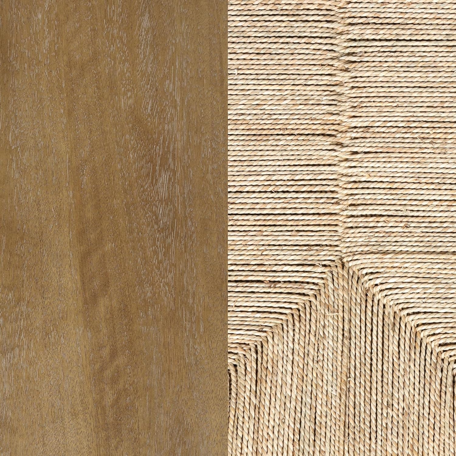 Aerie Rustic Wood Cabinet, Boho Living Room Storage Cabinet with Seagrass Door Panels and Solid Wood Legs, Light Brown