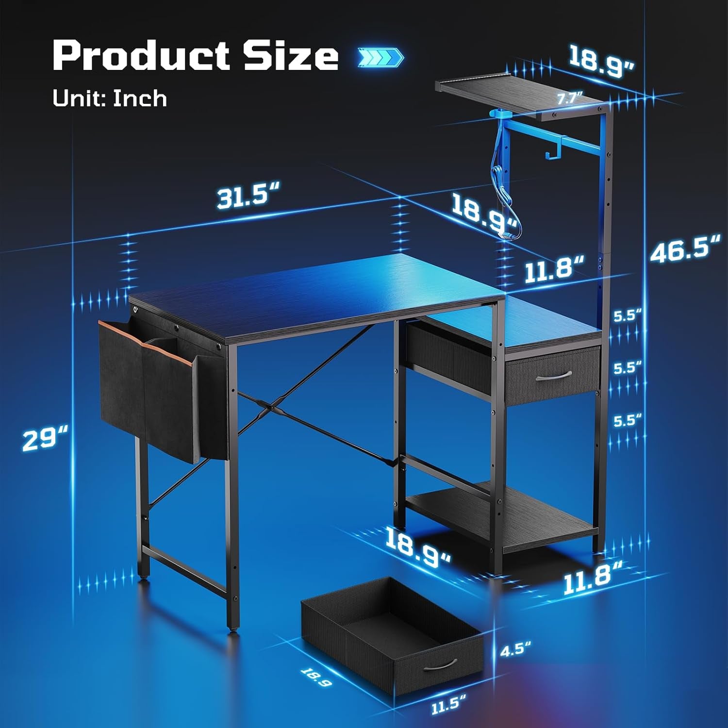 44 Inch Gaming Desk for Small Spaces, Reversible Computer Desk with Drawers & Shelves, Modern Gamer Desk Table with Side Bag & Headphone Hook for Home Office, Black