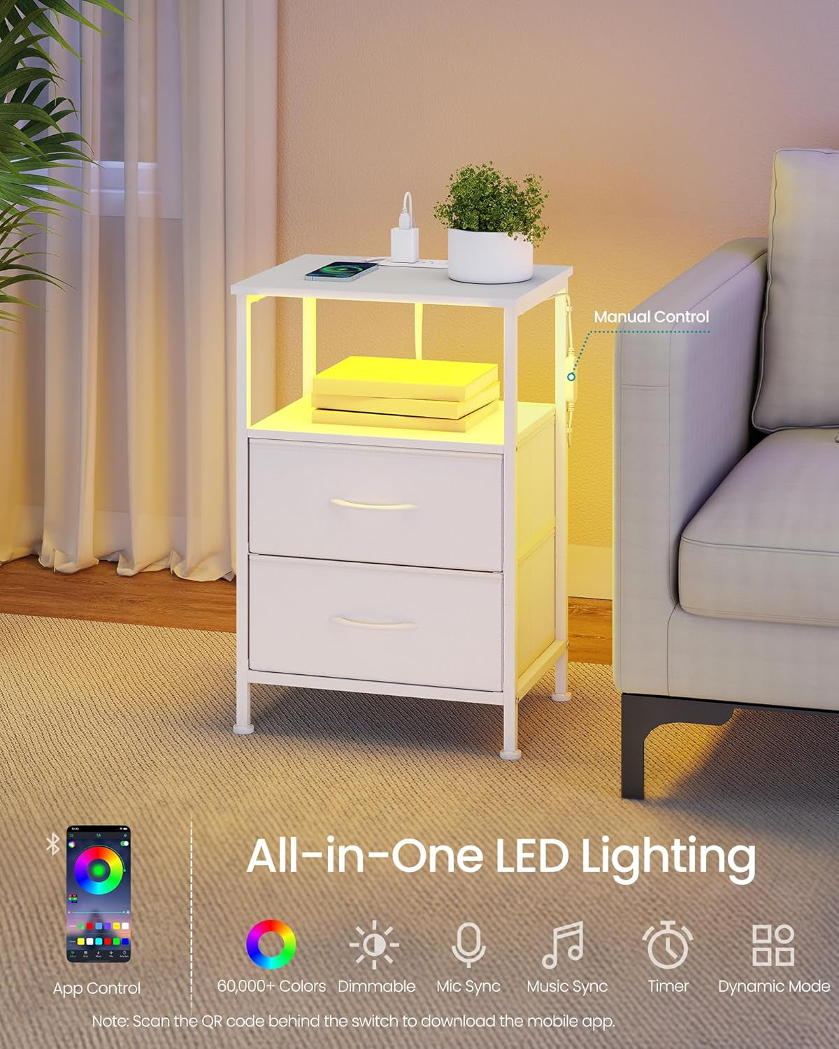 BELLAH Collection - Nightstand with Charging Station and App-Controlled Adjustable LED Lights, Bed Side Table, 2 Drawer and 1 Open Shelf, Bedroom, Cloud White and Snow White ULGS302WH01S