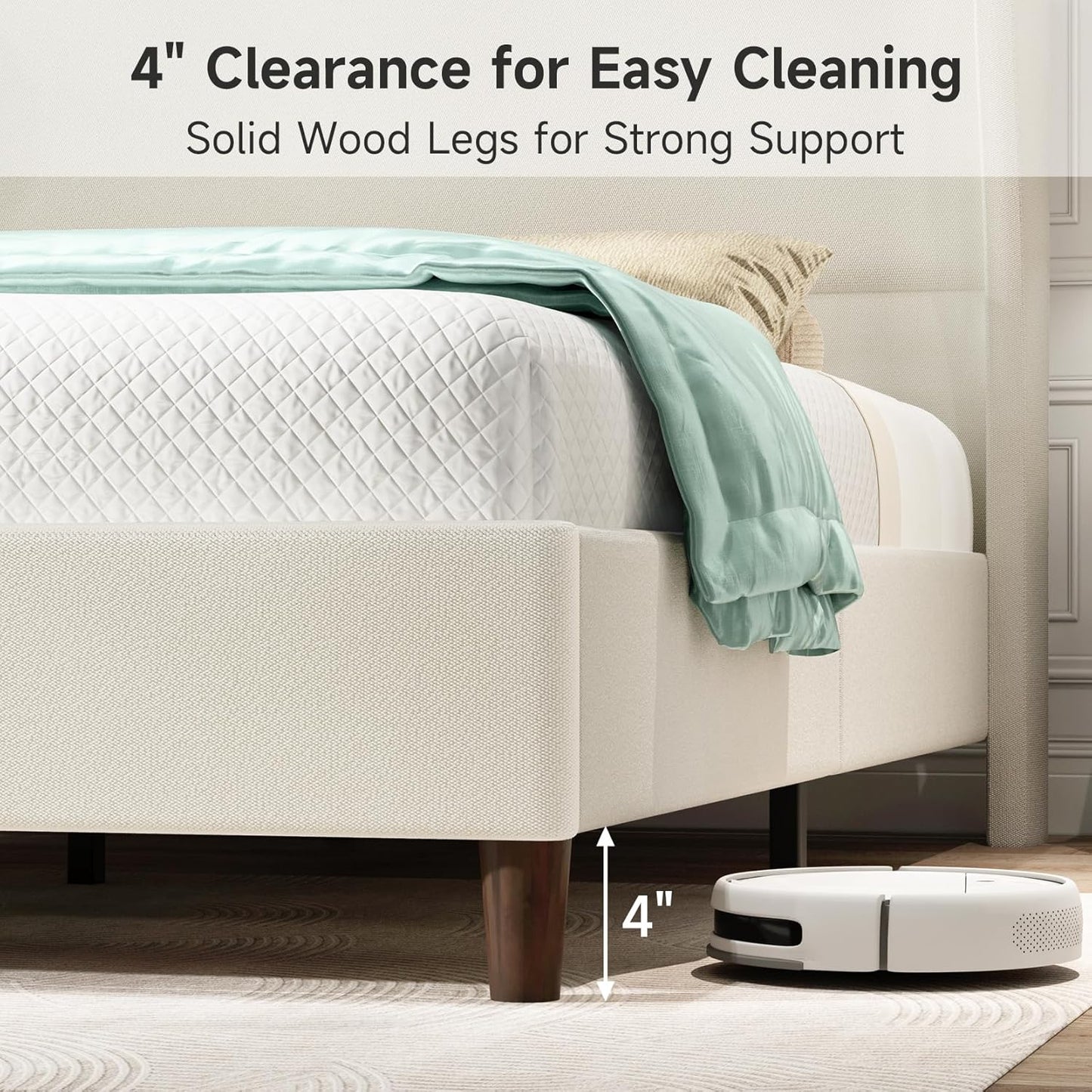 Queen Size Chenille Bed Frame with 52" Tall Headboard, Upholstered Platform Bed with Nailhead Trim Headboard Wingback, No Box Spring Needed, Wood Slats Support, Easy Assembly, Beige