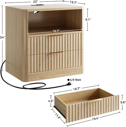Fluted Night Stand Set of 2, Modern Nightstand with Charging Station, Drawers and Open Shelves - Bedside Table Wood Side Table Set for Bedroom, Oak