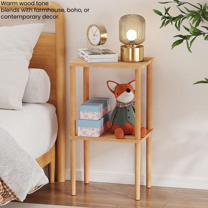 Solid Wood Side Table, 2-Tier Small End Table with Storage Shelf, Tall Nightstand Bedside Table for Bedroom, Living Room, Kids Room & Small Spaces. No-Tool Assembly.