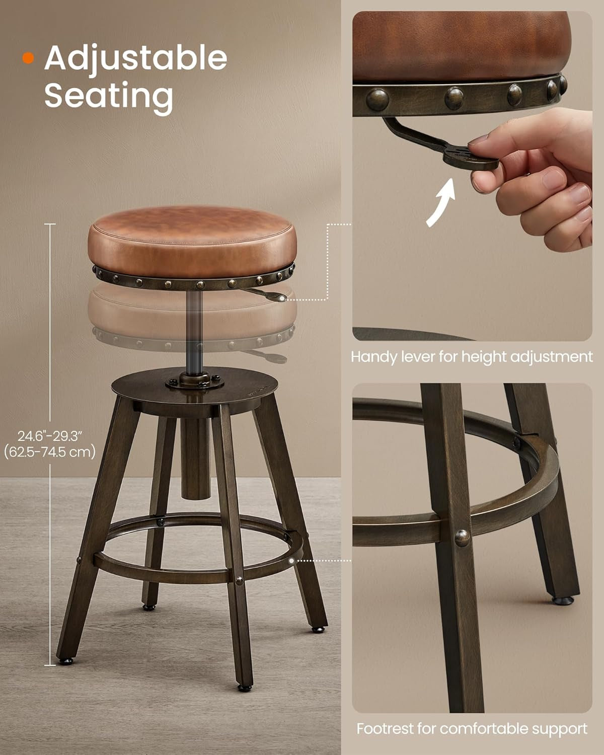 HOME Bar Stools, Set of 2, Steampunk Counter Stool for Kitchen, Adjustable Height and Swivel Padded Seat, Workbench Stool, 16.5 X 19.3 X 24.6-29.3 Inches, Caramel Brown ULJB096K01