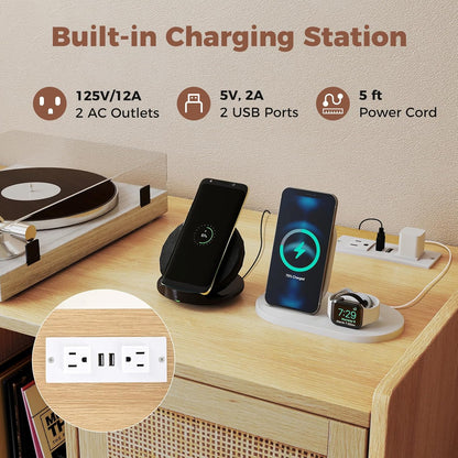 Mid Century Record Player Stand with Charging Station, Rattan Turntable Stand with Storage Cabinet & Adjustable Shelf, Boho Record Player Table, Vinyl Record Storage for Living Room, Bedroom