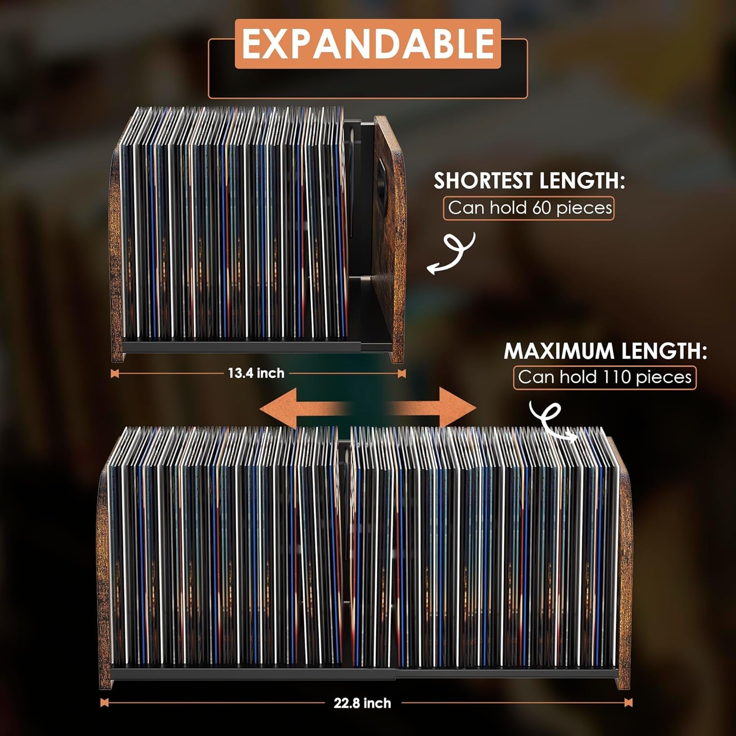 Vinyl Record Storage Holder, Expandable Record Holder Rack with Movable Divider, 110 LP Album Display Shelf Stand, Magazine Holder (Rustic Brown, 1-Tier)