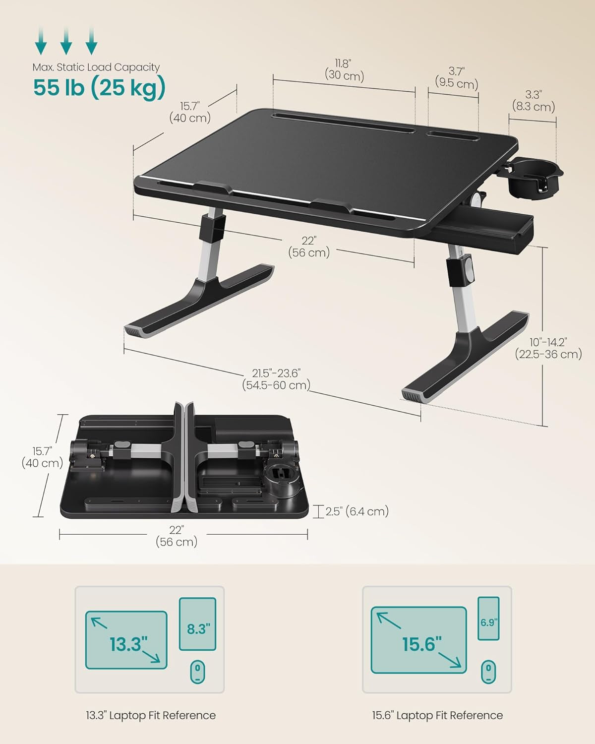 Bed Laptop Desk, Foldable Bed Desk for Laptop, 15.7 X 22 Inches Large Desktop, 120° Stepless Tilt, Adjustable Height, Cup Holder, Tray, Portable Bed Sofa Table, Ink Black ULLD113BC01