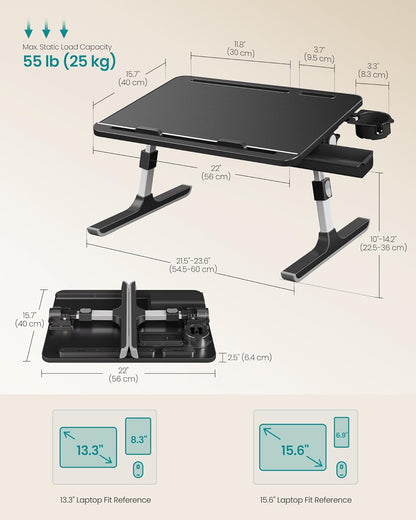 Bed Laptop Desk, Foldable Bed Desk for Laptop, 15.7 X 22 Inches Large Desktop, 120° Stepless Tilt, Adjustable Height, Cup Holder, Tray, Portable Bed Sofa Table, Ink Black ULLD113BC01
