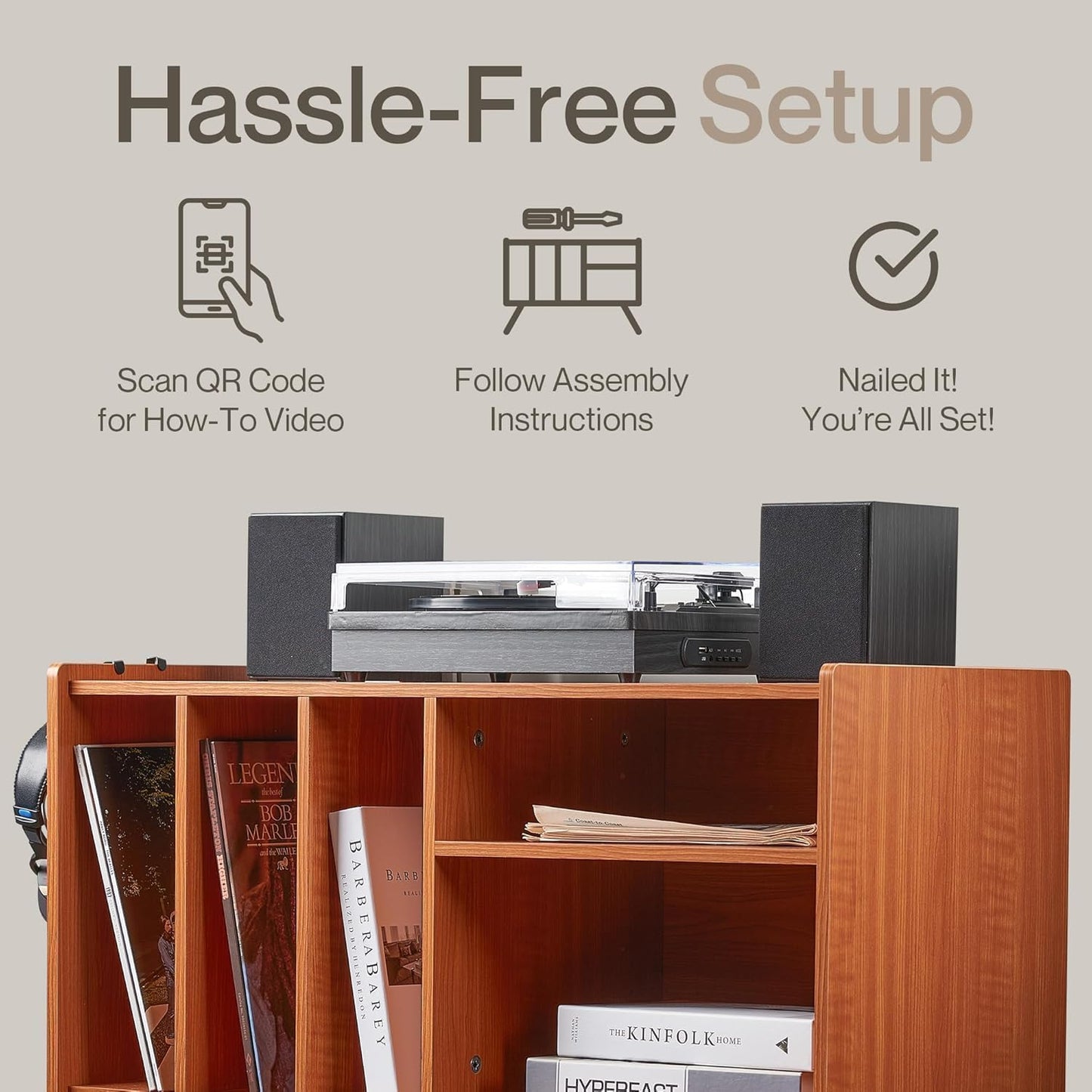 Record Player Stand with Vinyl Storage – Turntable Table with Shelves and Backboard – Walnut Wood Frame Vinyl Record Storage with Headphone Hook – Compact Audio Stand with Stabilizers