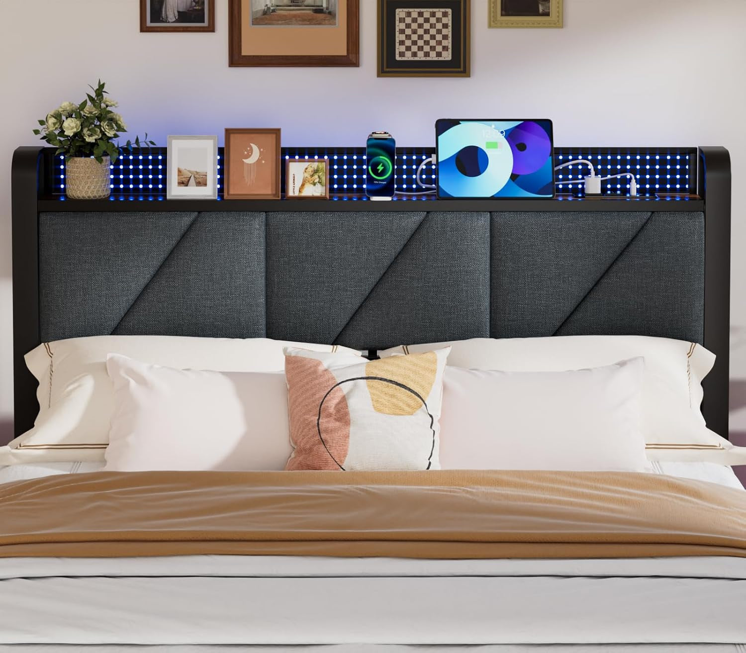 Full Bed Frame with LED Lights,Headboard with Charging Station and USB Port,Upholstered Platform Bedframe Metal Support,No Box Spring Needed