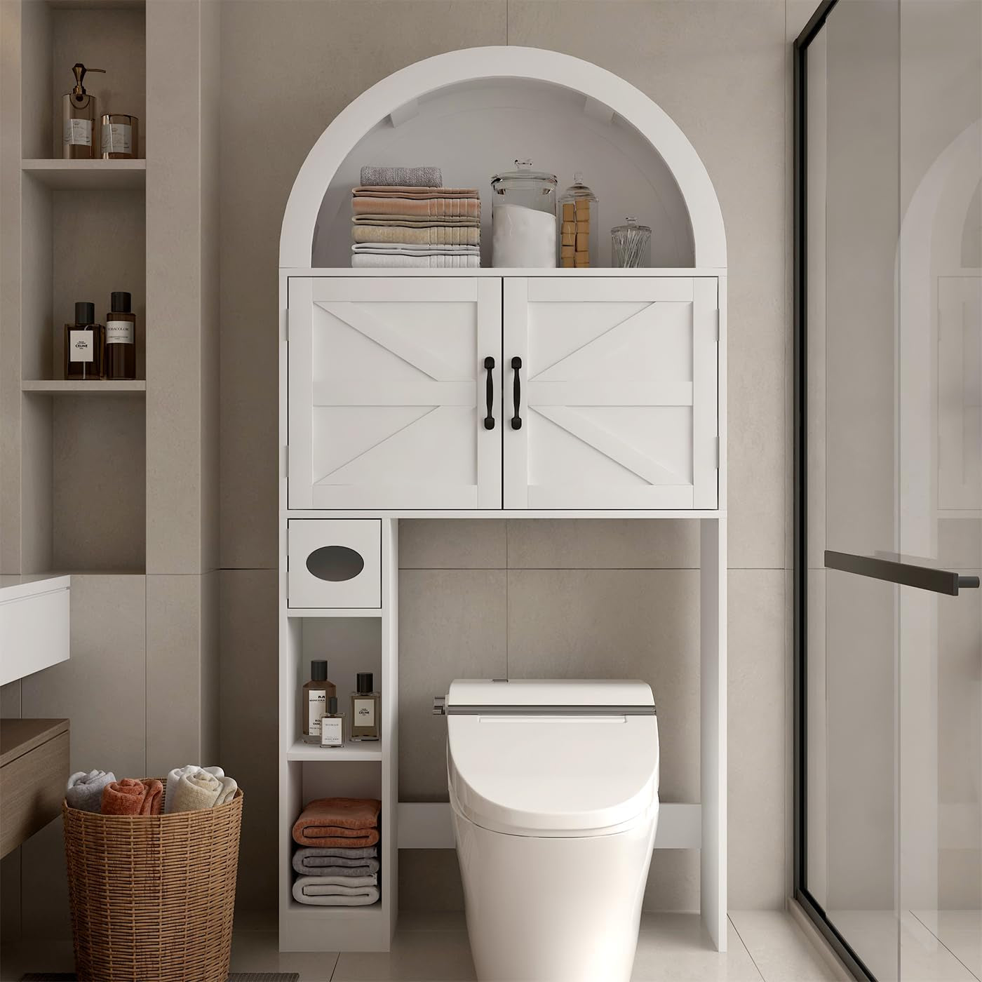 Over the Toilet Storage Cabinet, Space Saving Bathroom Organizer and Storage with Door, for Bathroom, Laundry, Restroom, White