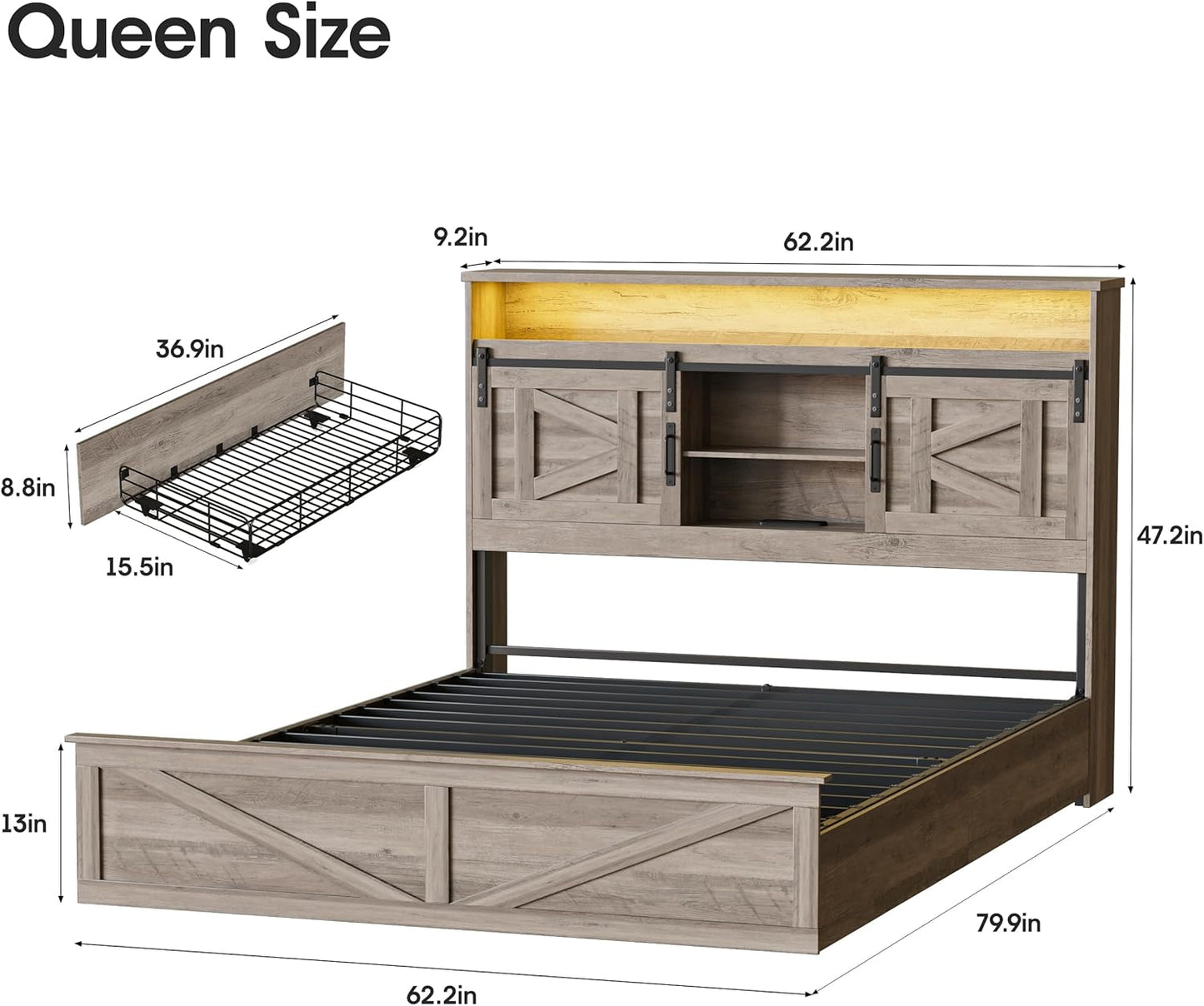 Farmhouse Queen Size Bed Frame with 4 Drawers and Bookcase Headboard, Sliding Barn Door Storage Shelves, LED Lights and Charging Station, No Box Spring Needed, Grey